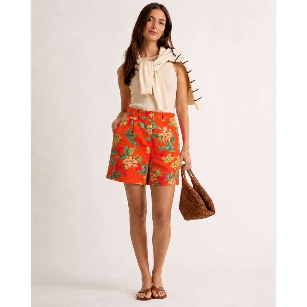 Vintage Lauren Ralph Lauren Red Tropical Floral Linen Pleated Shorts High Rise